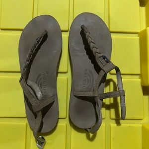 Rainbow braided sandals with ankle strap. Brown. Size small.